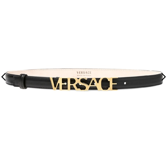 Versace Accessories - VERSACE black skinny leather letter logo belt size 85  / 34